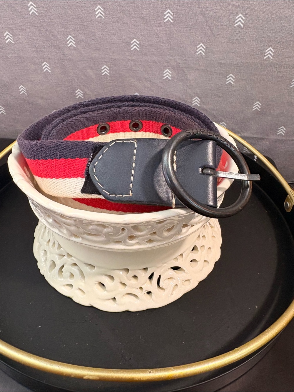 Unisex Striped Canvas Belt with Round Buckle - Navy, Red,Cream. 40 in in length